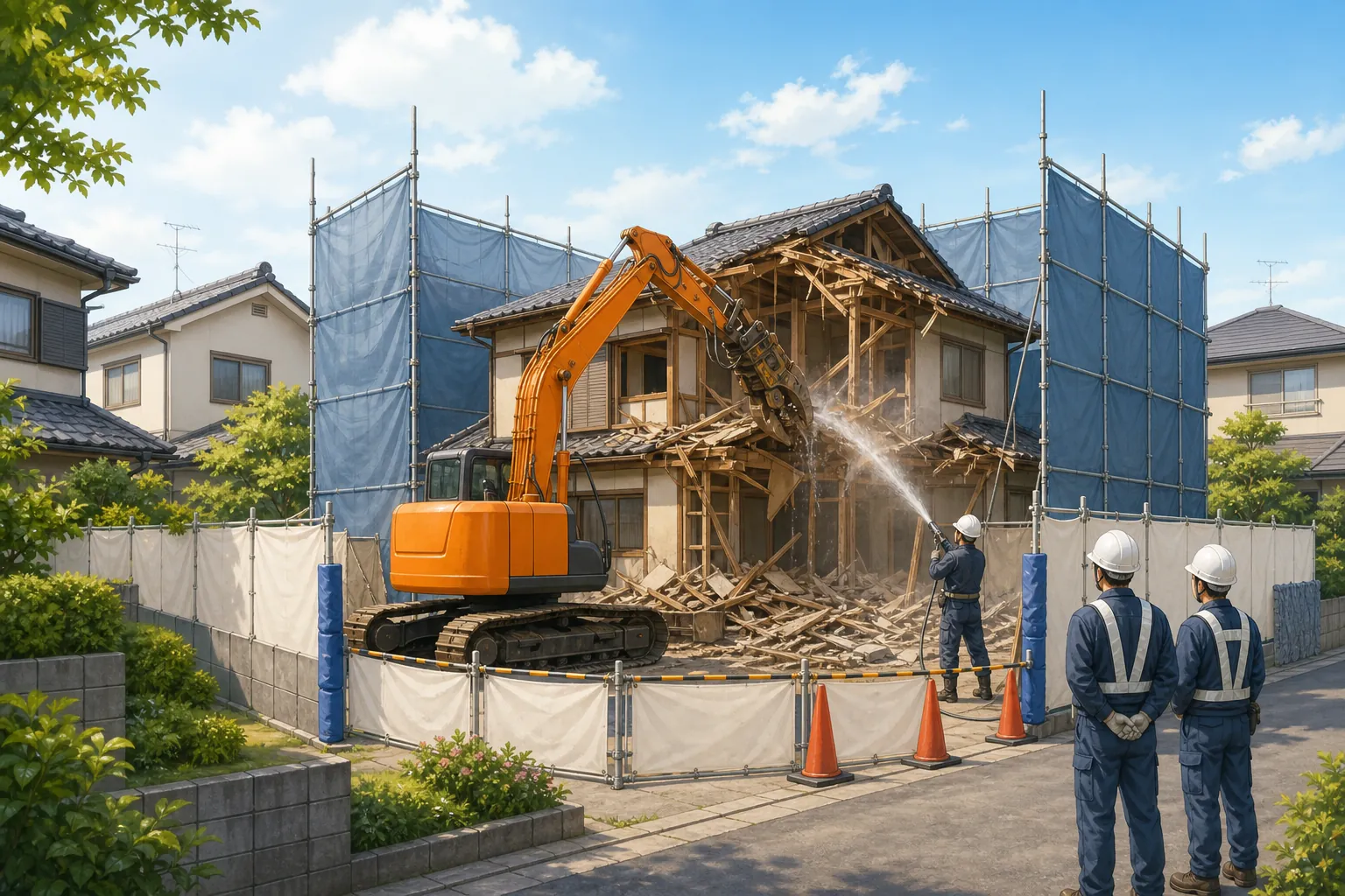 安全対策を行いながら住宅を解体するイメージイラスト